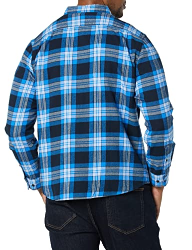 Amazon Essentials Slim-Fit Long-Sleeve Plaid Flannel Shirt Camisa, Azul Marino/Azul, Tartán/Cuadros Escoceses, L