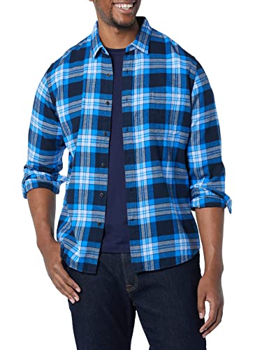 Amazon Essentials Slim-Fit Long-Sleeve Plaid Flannel Shirt Camisa, Azul Marino/Azul, Tartán/Cuadros Escoceses, XL