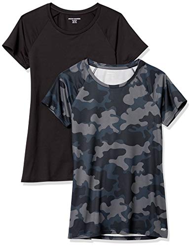 Amazon Essentials Tech Stretch Camiseta de Manga Casquillo Mujer, Pack de 2, Negro/Color Carbón, Camuflaje, M