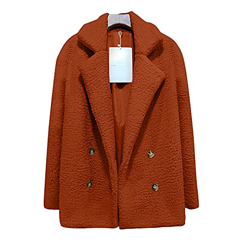 AOGOTO Chaqueta mullida con botones de doble botonadura para mujer, abrigo de forro polar con bolsillos, marrón, 3XL