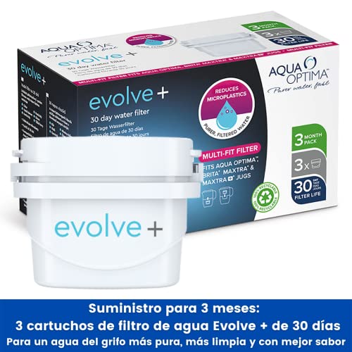Aqua Optima Evolve+ cartucho de filtro de agua de 30 días, paquete de 3 (suministro de hasta 3 meses) - Compatible con más del 90% de las jarras filtrantes, incluidas Brita Maxtra y Maxtra+