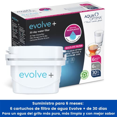 Aqua Optima Evolve+ cartucho de filtro de agua de 30 días, paquete de 6 (suministro de hasta 6 meses) - Compatible con más del 90% de las jarras filtrantes, incluidas Brita Maxtra y Maxtra+