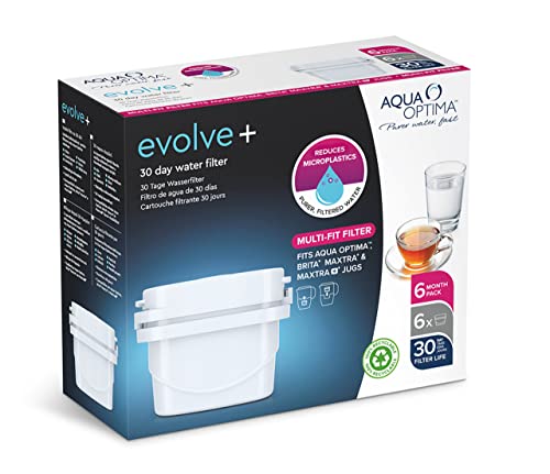 Aqua Optima Evolve+ cartucho de filtro de agua de 30 días, paquete de 6 (suministro de hasta 6 meses) - Compatible con más del 90% de las jarras filtrantes, incluidas Brita Maxtra y Maxtra+