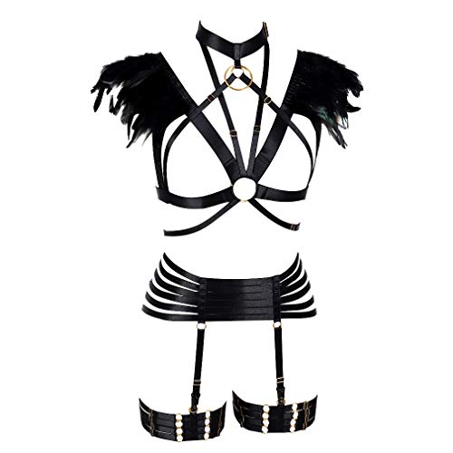 Arnés de cuerpo de plumas femeninas para baile, ropa interior punk gótico, cinturones ajustables Negro Negro ( Talla única