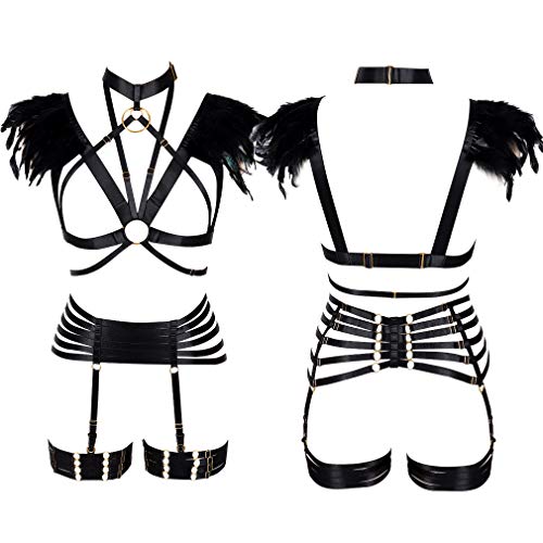 Arnés de cuerpo de plumas femeninas para baile, ropa interior punk gótico, cinturones ajustables Negro Negro ( Talla única