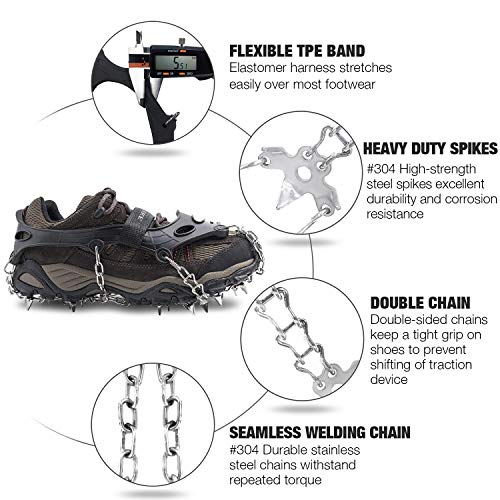 AUHIKE 19 Garras de Dientes Crampones Cubierta Antideslizante de Zapatos con Cadena de Acero Inoxidable para Excursiones Pesca Escalada Trotar Montañismo Caminata sobre Nieve y Hielo (M)