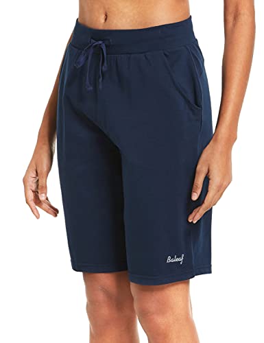 BALEAF Bermudas de algodón para mujer, de 25,4 cm, pantalones cortos largos de algodón, para salón, yoga, caminar, pijama, con bolsillos, Azul marino/flor y brillo, XXL