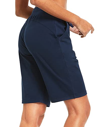 BALEAF Bermudas de algodón para mujer, de 25,4 cm, pantalones cortos largos de algodón, para salón, yoga, caminar, pijama, con bolsillos, Azul marino/flor y brillo, XXL