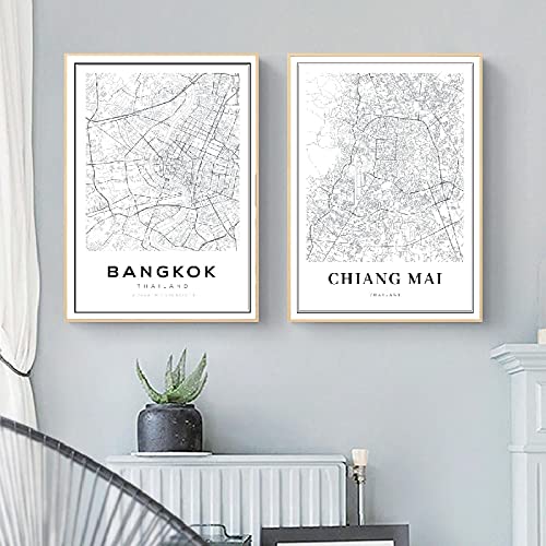 Bangkok Map Posters and Prints, Tailandia Travel City Map Canvas Painting Modern Chiang Mai Map Picture Home Wall Decor 50x70cm-2Pieces Frameless