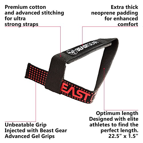 Beast Gear muñequeras gimnasio correas antideslizantes para gym o straps para fitness y ejercicio de levantamiento de pesas en gimnasio, en algodón y neopreno color negro y rojo