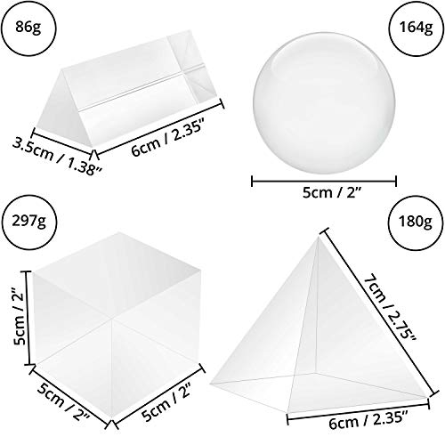 BELLE VOUS Prisma de Cristal K9 Triangulo, Esfera, Pirámide y Cubo (Pack de 4) - Refractor Prisma para Fotos - Bolsa, Paño de Microfibra y Caja de Regalo - Lente Transparente Física Espectro de Luz