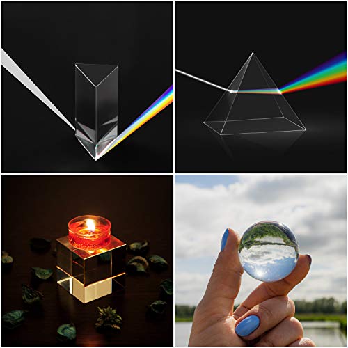 BELLE VOUS Prisma de Cristal K9 Triangulo, Esfera, Pirámide y Cubo (Pack de 4) - Refractor Prisma para Fotos - Bolsa, Paño de Microfibra y Caja de Regalo - Lente Transparente Física Espectro de Luz