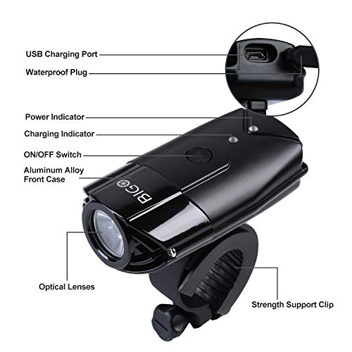 BIGO Luz delantera de bicicleta LED recargable USB - Resistente al agua 2000mAh / 900 lúmenes con 3 modos de luz-Negro