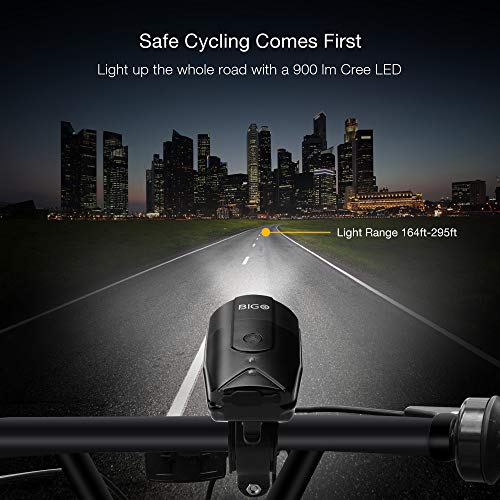 BIGO Luz delantera de bicicleta LED recargable USB - Resistente al agua 2000mAh / 900 lúmenes con 3 modos de luz-Negro