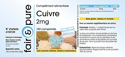 Bisglicinato de Cobre 2mg - Suplemento de Cobre - Buena disponibilidad biológica - Vegano - Alta pureza - 120 Comprimidos