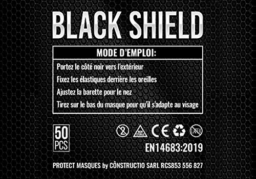 BLACK SHIELD - 102 unidades - Mascarilla Quirúrgica Tipo I Negra - Certificación CE - 3 capas - Filtración BFE > 95%.