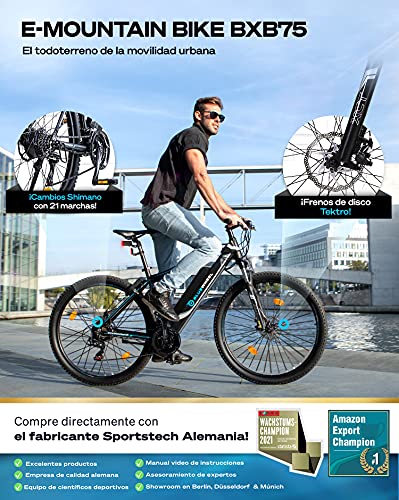 BLUEWHEEL Bicicleta Eléctrica 27.5" & 29" I Marca Alemana de Calidad | Bicicleta de montaña eléctrica | Conforme a UE | 21 Marchas y Motor Trasero 25 km/h | Horquilla de suspensión MTB + App | BXB75