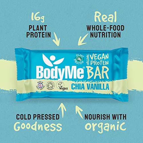 BodyMe Barritas Proteinas Veganas Organica | Cruda Chia Vainilla | 60g x 12 Barra Proteina Vegana | Sin Gluten | 16g Proteína Completa | 3 Proteina Vegetal | Aminoacidos Esenciales | Vegan Protein Bar