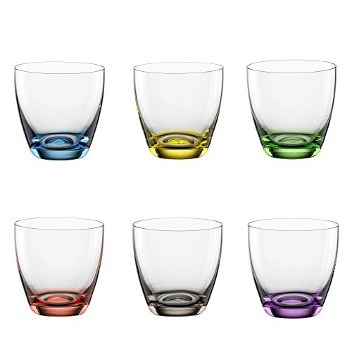 Bohemia Cristal 093 006 165 Viva Colori - Juego de 6 vasos de cristal (aprox. 300 ml, base decorativa de colores), color azul, amarillo, verde, rojo, gris ahumado y morado