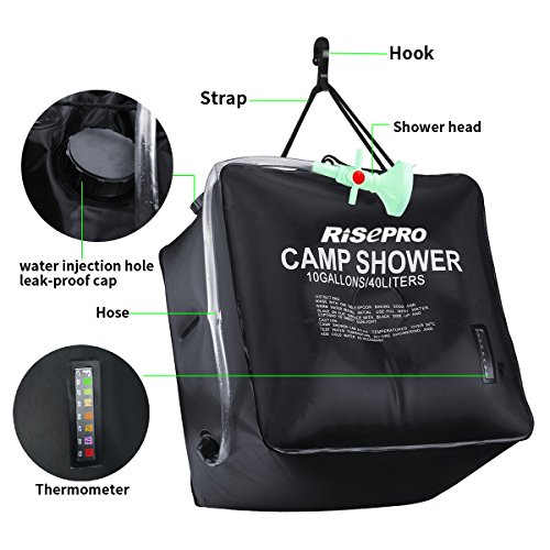 Bolsa solar de ducha, Risepro® 10 galones/40 l. Bolsa de ducha con calefacción solar para acampar con agua caliente a temperatura 45 °C, para senderismo, escalada XH07