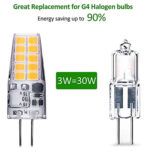 Bombillas LED G4, AC/DC 12V, 3W Equivalente a Lámparas Halógenas de 30W, Blanco Frio 6000K, Sin Parpadeo, No Regulable, Ángulo de haz de 360°, Paquete de 10