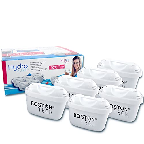 Boston Tech 6 Cartuchos Hydro Pure+, filtros de agua para jarra filtradora compatible con Brita Maxtra y Maxtra+, Efecto Prolongado (12 Meses, 6x60 días Cada Filtro) Para Cal, Cloro y Microplásticos