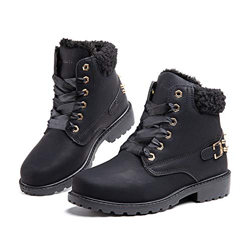 Botas Mujer Invierno Botas de Nieve Cálido Zapatos Botines Forradas Planas Snow Boots Antideslizante Calzado Comodos Cordones Negro-1 39 EU