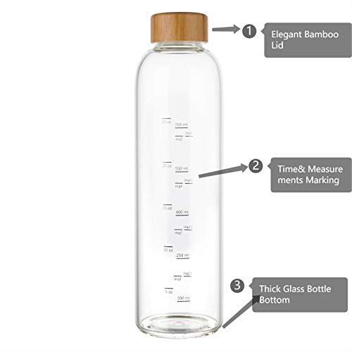 Botella de Agua Cristal 1 Litro con Marcador de Tiempo Funda y Tapa de Bambú Reutilizable para Deportes, Gimnasio, viajes, sin Bpa (Gris)