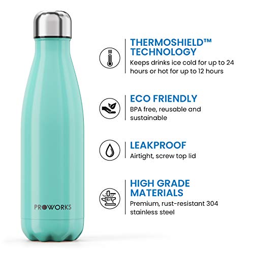 Botella de agua de acero inoxidable Proworks, sin BPA, térmicamente aislada al vacío, 500 ml verde