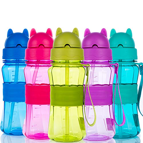 Botella de Agua Niños y Niñas Sin BPA Tritan Botella de Agua Deporte con Pajita y correa para Infantil, Escuela, Corrida, Senderismo y Actividades al Aire (Azul-1)