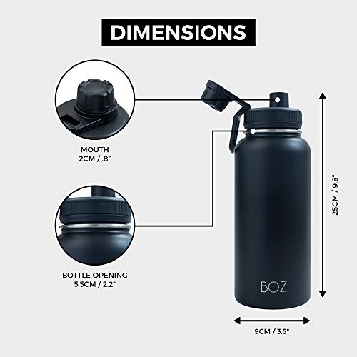 Botella XL de Agua en Acero Inoxidable BOZ (1 L / 32 oz) boca ancha, Libre de BPA, Aislamiento de Doble Pared al Vacío (Negro)
