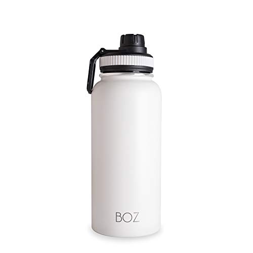 BOZ Botella de agua de acero inoxidable XL – Blanco marfil (1 L / 32 onzas) boca ancha, libre de BPA, doble pared aislada al vacío, botellas de agua de metal de 1 litro de 1 litro