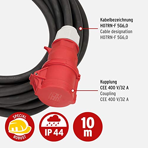 Brennenstuhl CEE cable alargador eléctrico IP44 (cable de 10 m, con enchufe y conector CEE 400V/32A, 5-polos, para uso en exteriores, Made in Germany) negro