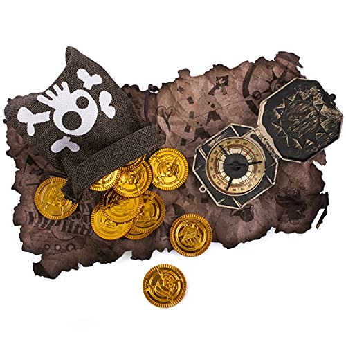 Brújula Pirata Bolsa de Tesoro Mapa del Tesoro Monedas de Oro Bolsa de capitán Calavera Niños para Fiesta de Disfraces de Pirata