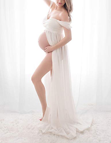 BUOYDM Embarazada Chifón Larga Vestido de Maternidad Split Vista Delantera Foto Shoot Dress Faldas Fotográficas de Maternidad Blanco S