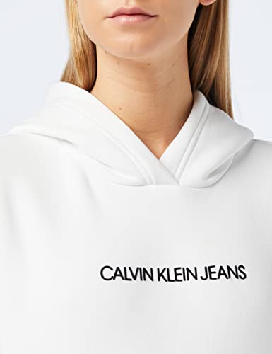 Calvin Klein Jeans Shrunken Instit-Sudadera de Forro Polar con Capucha, Bright White/CK Black, S para Mujer