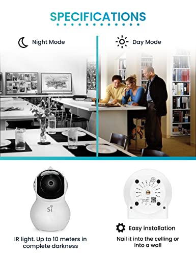 Camara vigilancia WiFi Interior, Compatible con Alexa, Smart Life, 360° 1080P, Si Smart. Admite Tarjeta SD 128 GB, Visión Nocturna, Audio Bidireccional, Detección de Movimiento.