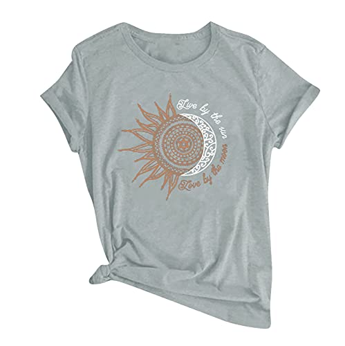 Camiseta de manga corta con estampado de sol y luna, para mujer, cuello redondo, talla grande, gris, M