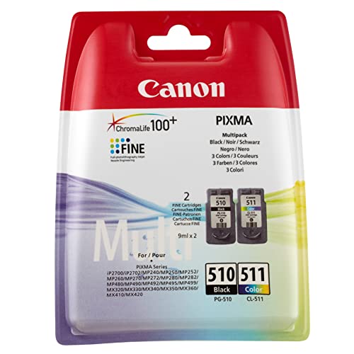 Canon PG-510+CL-511 Cartuchos de tinta BK+Tricolor para Impresora de Inyeccion de tinta Pixma iP2700-2702-MP230-240-250-252-260-270-280-480-490-492-495-499-MX320-MX330-340-350-360-410-420