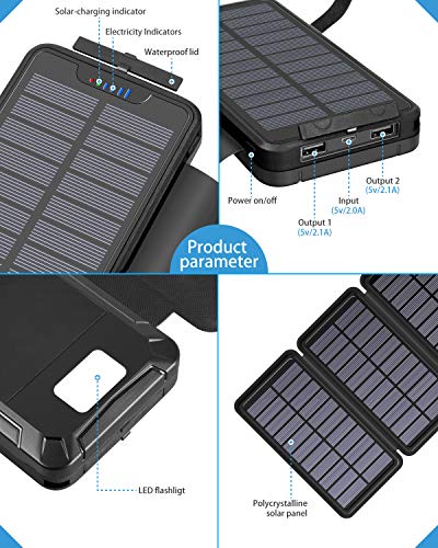 Cargador Solar 26800mAh, Elzle Power Bank Solar con 2 Salidas USB y 1 Entrada Micro USB, Impermeable Batería Externa con 4 Paneles Solar Linterna LED para iPhone Android Tabletas Cámara Viajes Camping