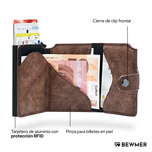Cartera Tarjetero BEWMER 2 para Hombre y Mujer con Monedero | Billetera Minimalista Porta Tarjetas de Crédito (Protección RFID), Billetes y Monedas (Marrón)