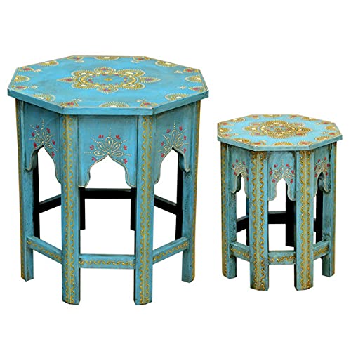 Casa Moro Juego de 2 mesas auxiliares orientales Saada azul M & L de madera maciza pintada a mano | mesas de centro Shabby Chic | Artesanía | Estilo marroquí | MA-32-47