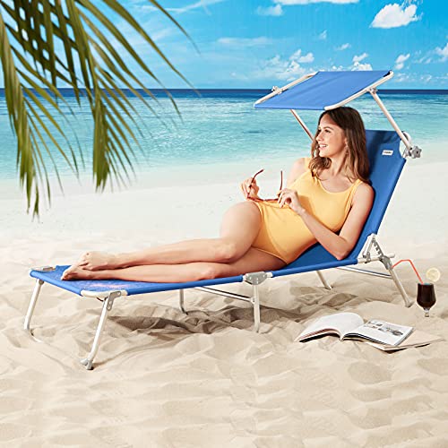 CASARIA 2X Sillas largas Ibiza Plegable con Visera de poliéster Color Azul fácil de Transportar Playa Exterior