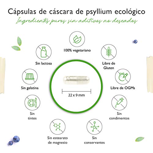 Cáscaras de psyllium orgánico - 365 cápsulas veganas - 3000 mg por dosis diaria - Premium: 100% psyllium orgánico de la India, 99+% de pureza, finamente molido - Cultivado de forma sostenible