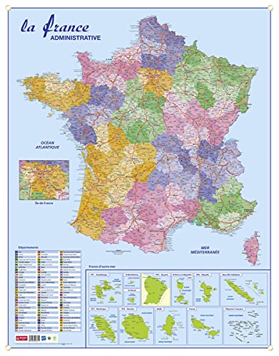CBG - Mapa de departamentos y dominios de Francia (plastificado, 66 x 84,5 cm, 4 orificios para colgar), multicolor