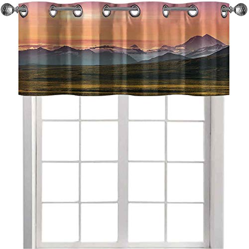 Cenefa de ventana para oscurecer la habitación, diseño de atardecer y montañas nevadas en un mundo de campo en tonos tierra, 91,4 x 45,7 cm, cortina térmica para dormitorio, color naranja y verde