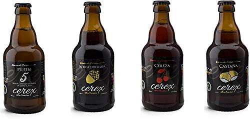 CEREX - Pack Degustación de 4 Cervezas Artesanas - Cerveza de Castaña, Cereza, Ibérica de Bellota y Pilsen - Mejor Cerveza Artesanal de España Premios" World Beer Awards 2017" y 2015