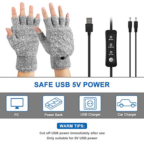 CestMall Guantes calentados USB unisex con dedos completos y medios guantes lavables con calefacción, guantes sin dedos, guantes calientes, guantes para ordenador portátil con 3 niveles de temperatura