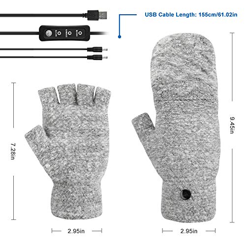 CestMall Guantes calentados USB unisex con dedos completos y medios guantes lavables con calefacción, guantes sin dedos, guantes calientes, guantes para ordenador portátil con 3 niveles de temperatura