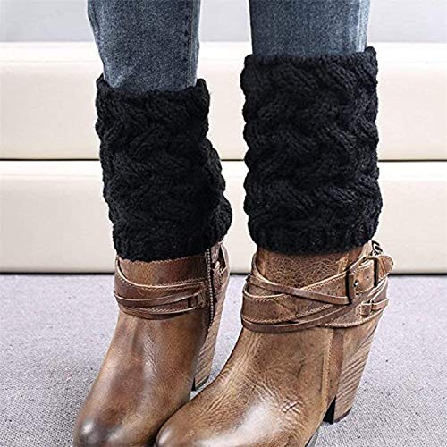 Chalier 4 pares calentador de piernas mujer, calcetines de ganchillo de punto cálidos de invierno, calcetines de botas cortas de moda(talla única/Blanco + Caqui + Rojo + Negro)